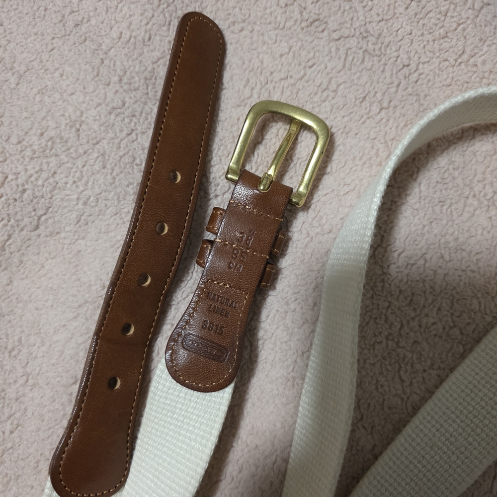 Coach Brown Leather-Trim White Canvas Belt